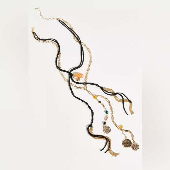 NWT Free People Fire Of Love Layered Necklace Gold/Black Leather combo - Picture 2 of 4